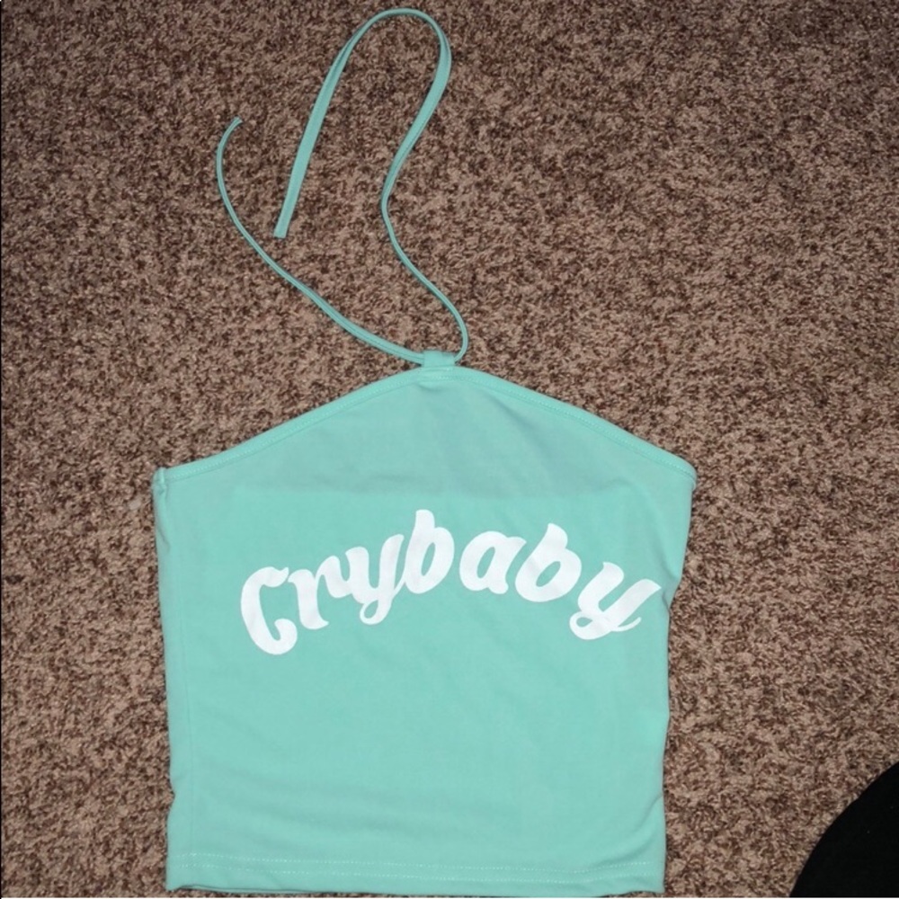 Women’s halter shirt baby blue tie around neck spaghetti strap tank crop top L